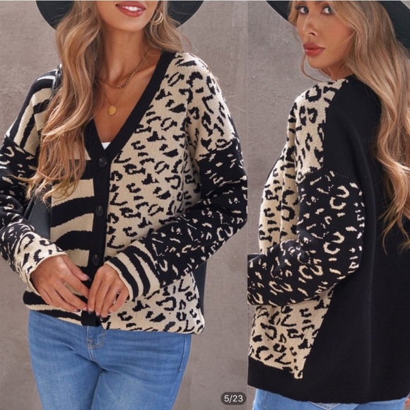 Tops - Black Animal Print Buttons Cardigan